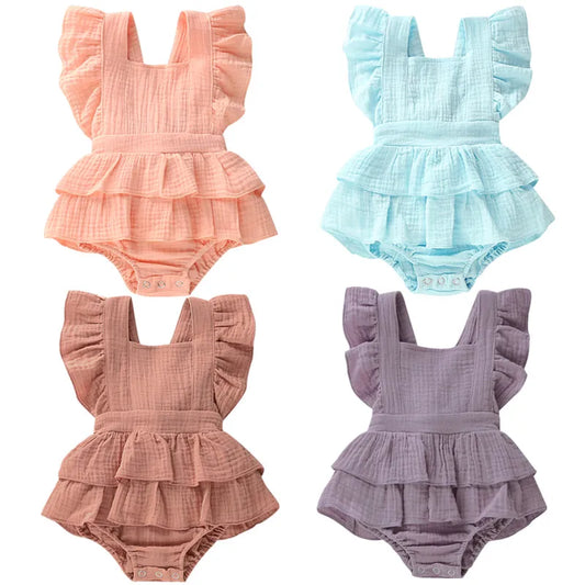 Baby Girl Sleeveless Cotton Romper - Ruffle Detail