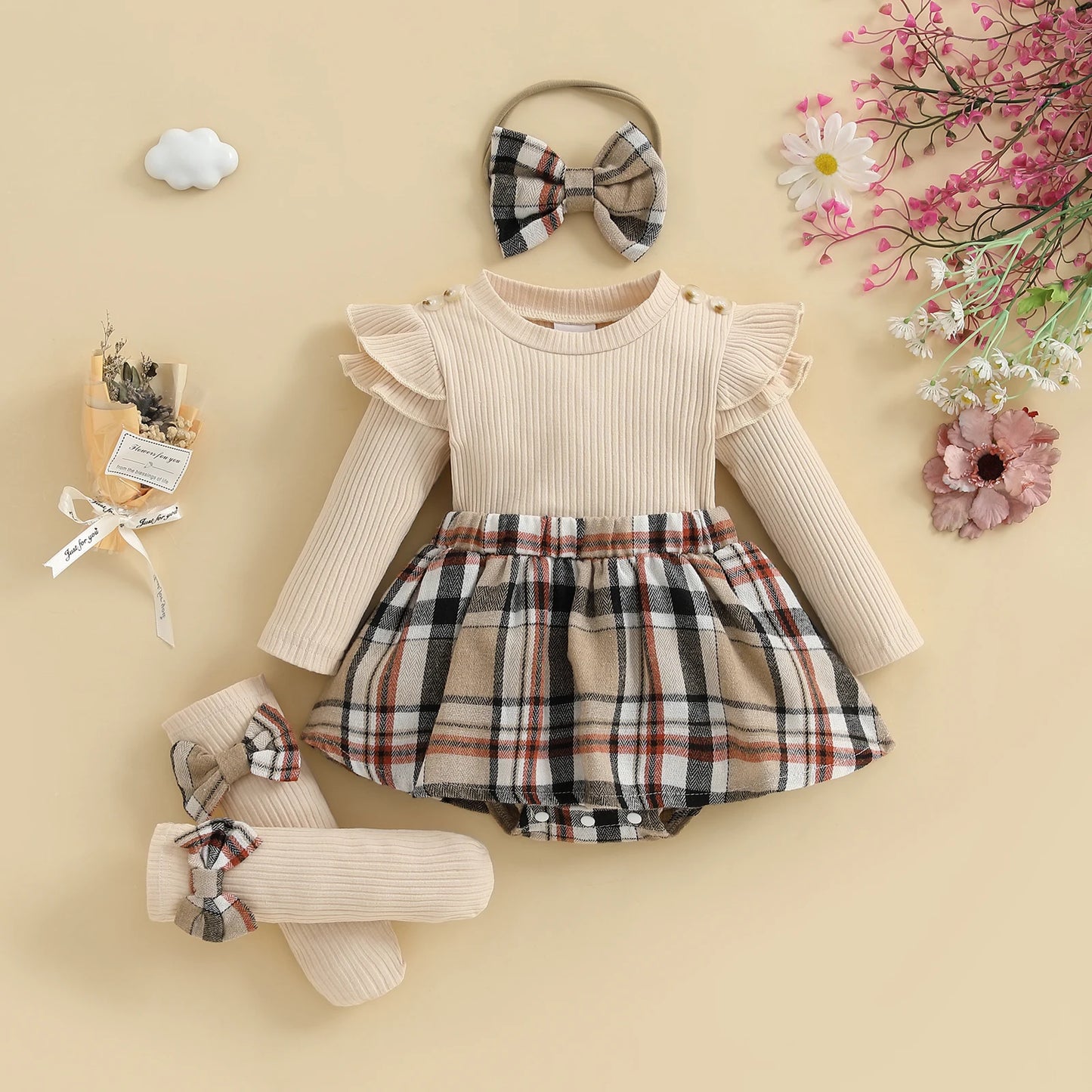 Baby Girl Fall Outfit Set - 4 Piece Plaid