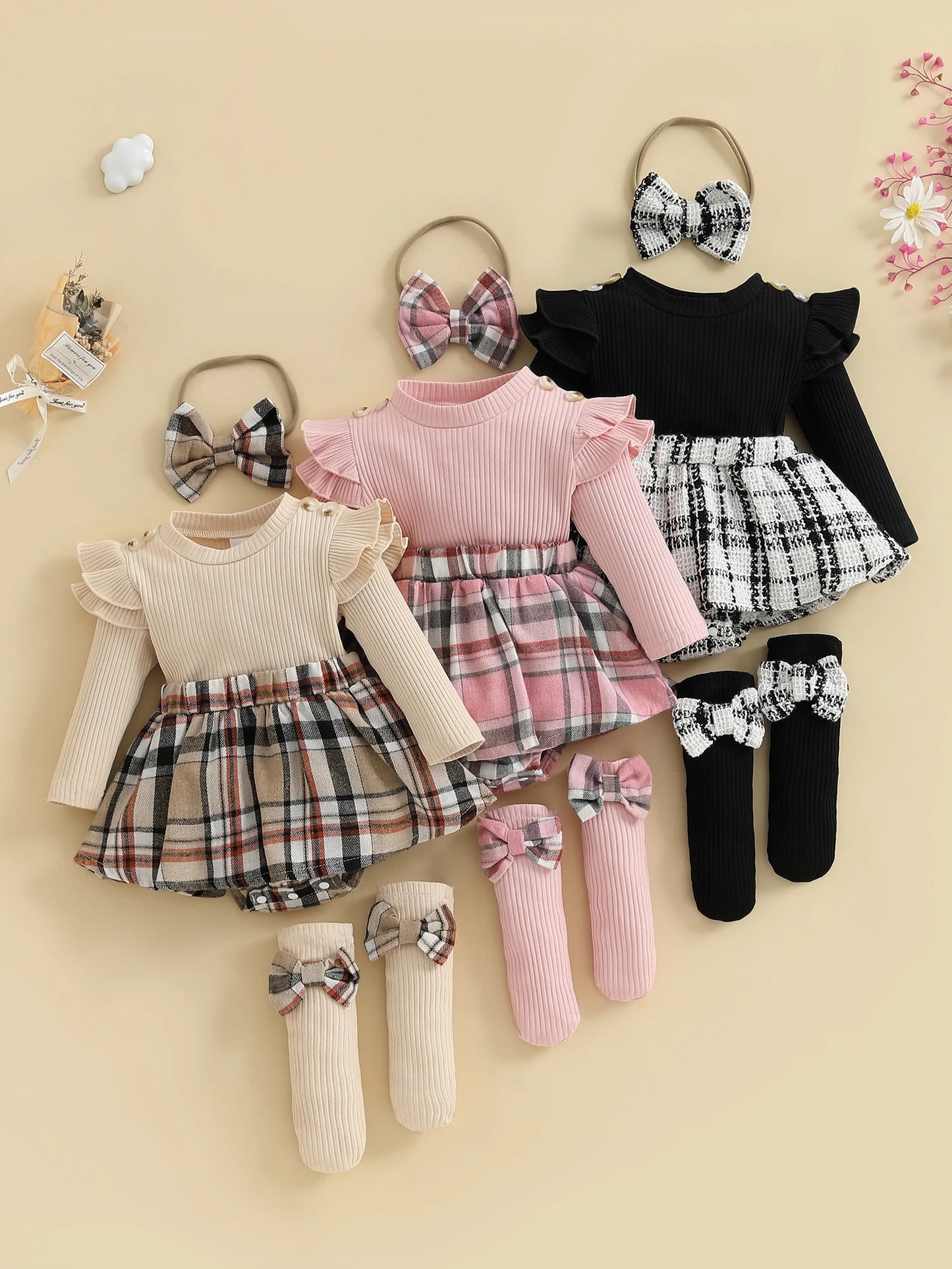 Baby Girl Fall Outfit Set - 4 Piece Plaid