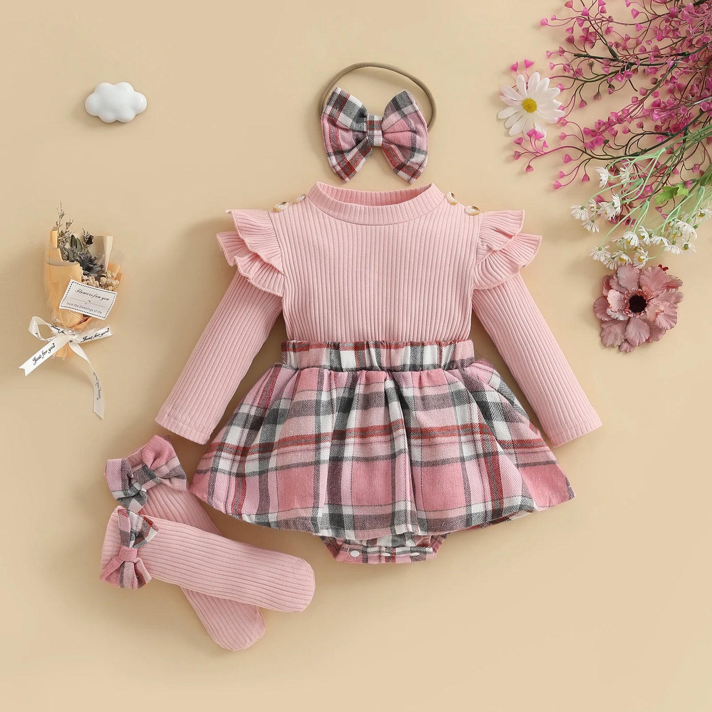 Baby Girl Fall Outfit Set - 4 Piece Plaid